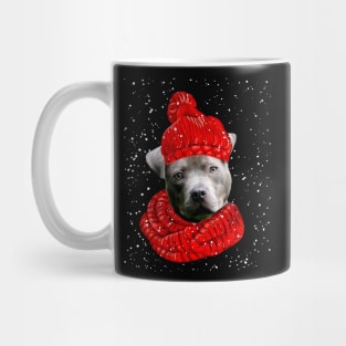 Pitbull Wearing Red Hat And Scarf In Snow Christmas Mug